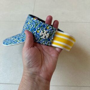 Tory Burch Blue Birdie Visor with Yellow and White Stripes